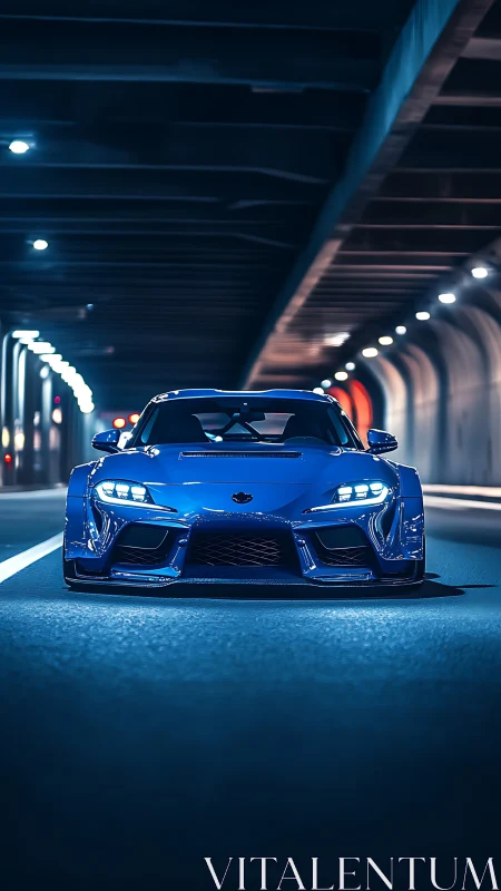 Midnight blue street predator prowling a neon tunnel vein.