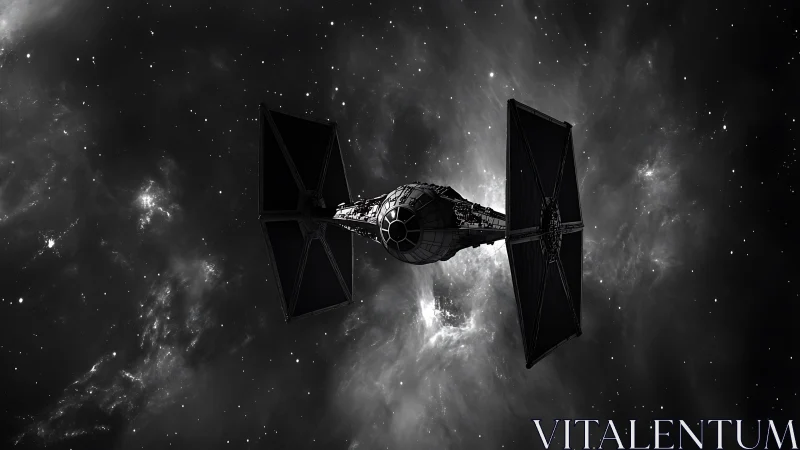 Imperial starfighter silhouette cuts across nebula field.