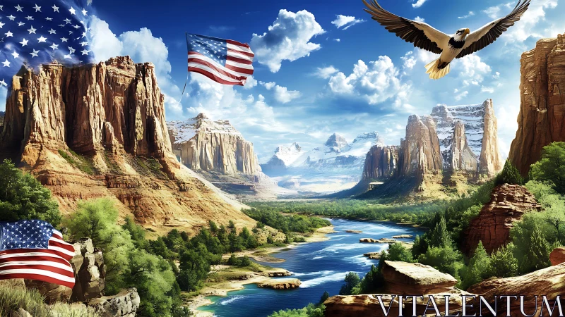 American canyon river landscape with flags and soaring eagle