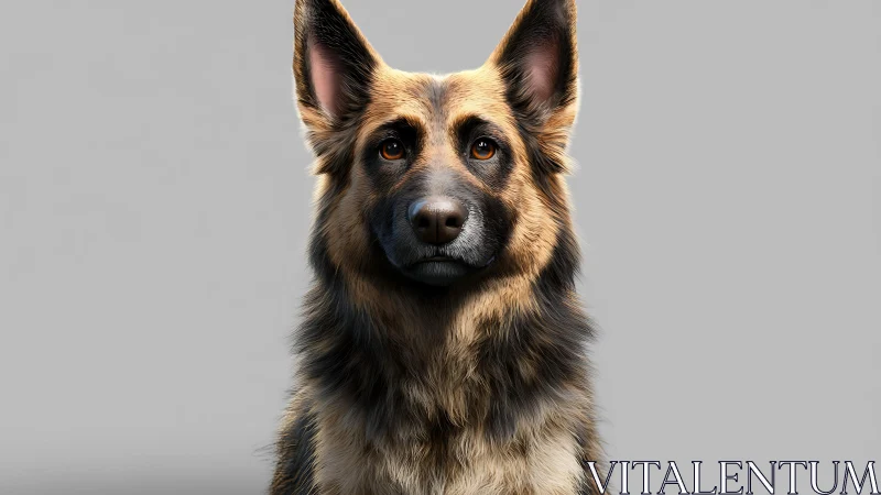 Regal German shepherd portrait in hyper-detailed render.
