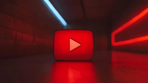 Neon-lit YouTube Logo in Futuristic Dark Corridor Scene.