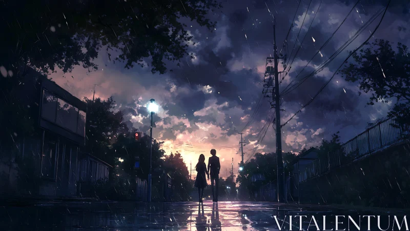 Rain-washed dusk street with silhouetted couple walking home.