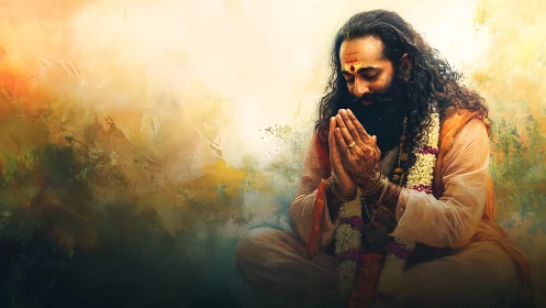 Seated figure in orange robe with folded hands and garlands.