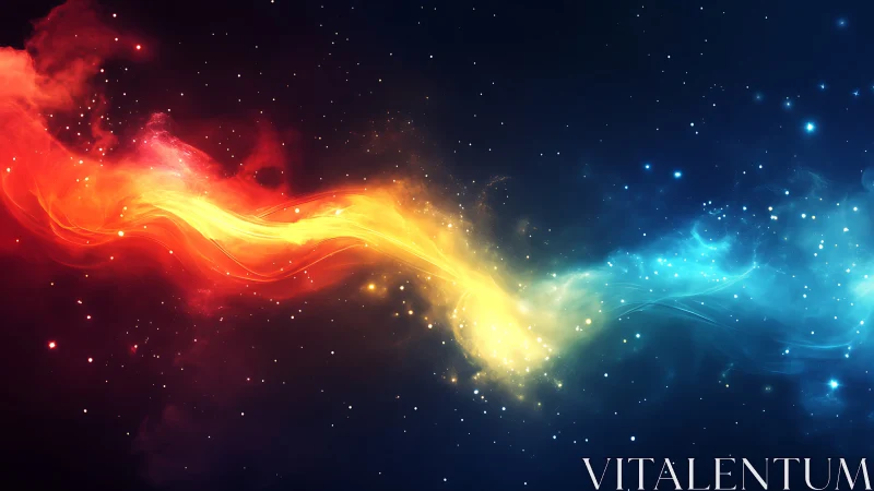 Colorful energy stream crossing deep starry night sky.