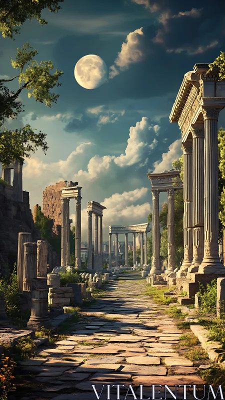 Moonlit stone avenue passes through classical ruins