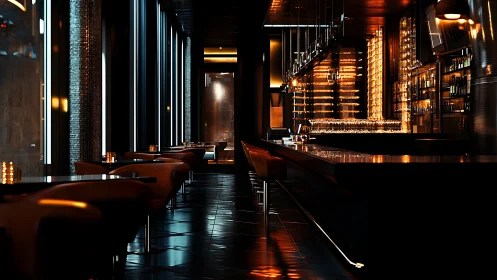 Moody modern cocktail bar with glowing backlit shelves.