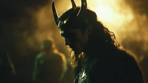 Backlit horned trickster silhouette in cinematic chiaroscuro.