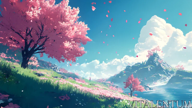 Digital painting landscape with cherry trees and coastal peak.