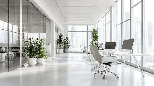 Minimalist glass office glows with daylight and fresh greenery