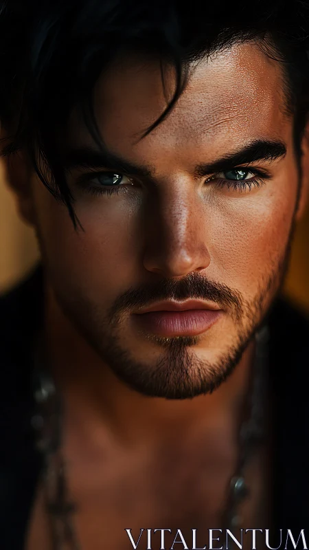 Intense male portrait in dramatic warm chiaroscuro lighting.