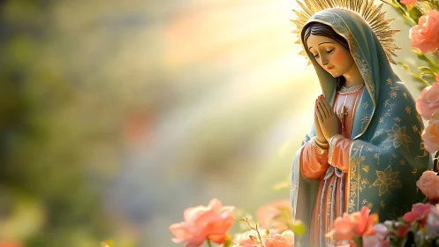 Devotional statue in garden light with floral foreground bokeh