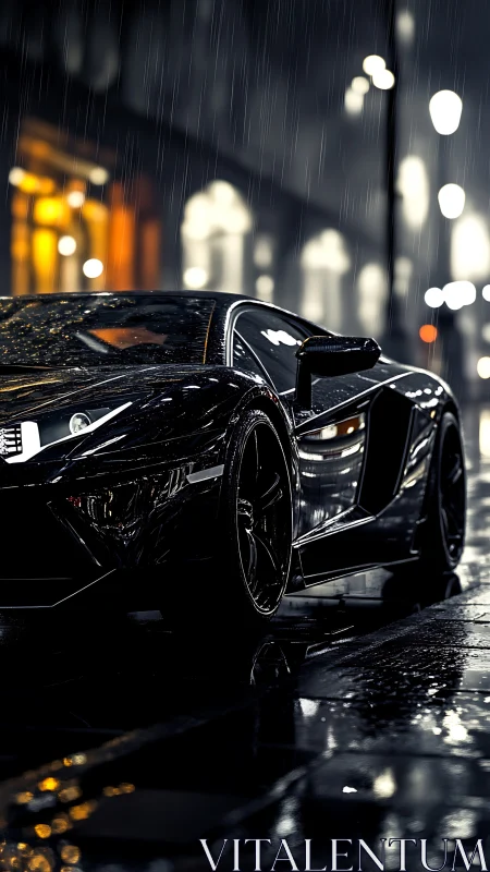 Midnight supercar prowls through neon rain-slick streets.