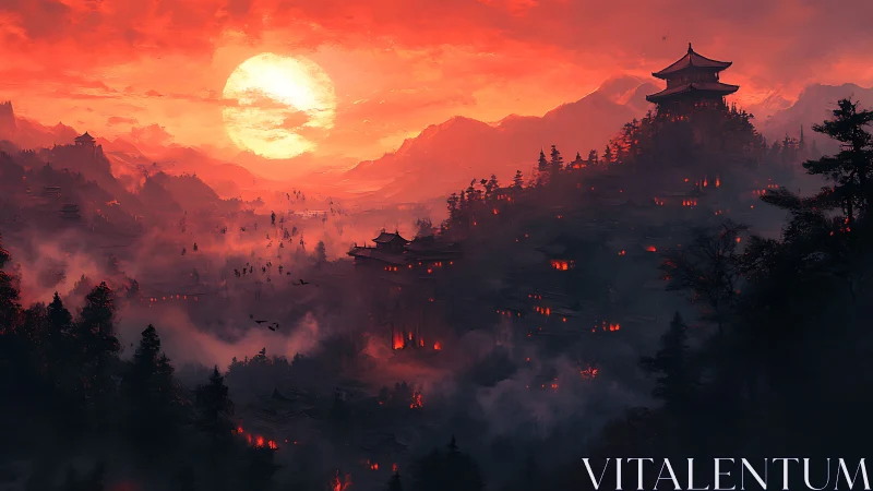 Mountain settlement under red sunset with layered temples.