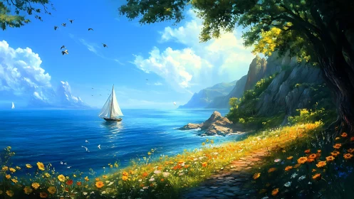 Digital painting seascape with sailboat, floral coastal path panorama.