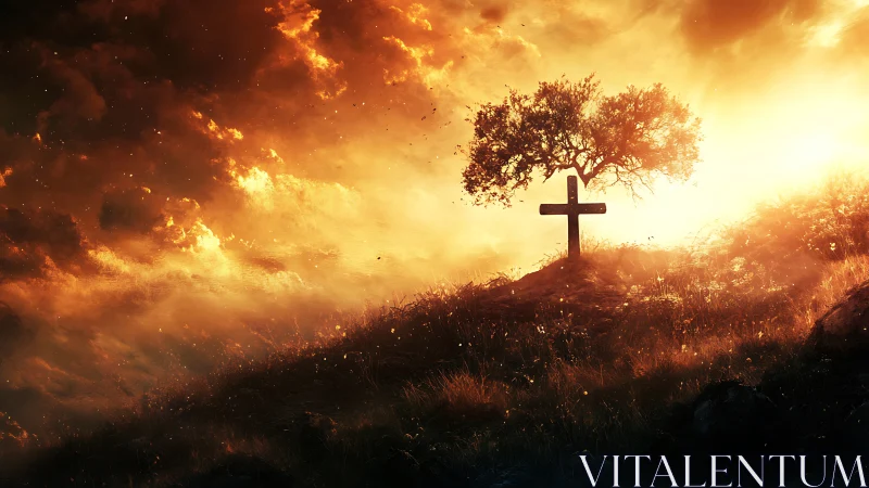 Fiery sunset hill with lone cross and illuminated tree.