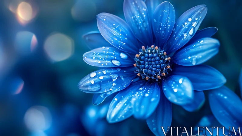 Blue Daisy Adorned With Dewdrops in Twilight