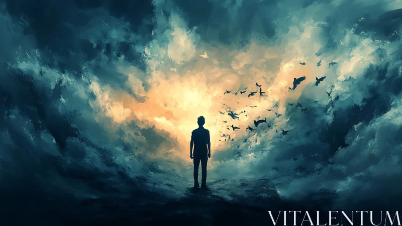 Silhouette walker meets dawn storm of wings and wonder.