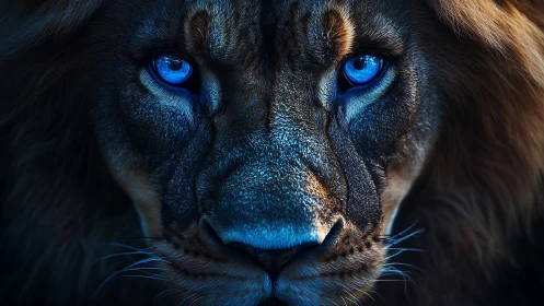Chromatically enhanced lion portrait with glacial iridescent eyes.