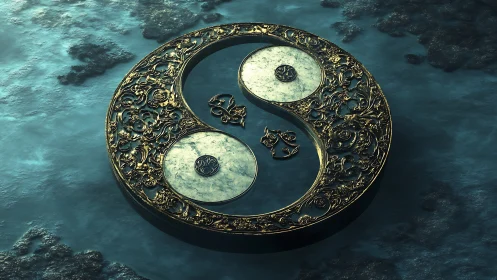 Ornate yin yang medallion resting on a dreamy teal sea.