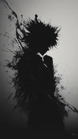 Ink-splattered silhouette portrait with spiked hair profile.
