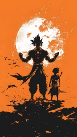 Moonlit warrior and young swordsman stride through burning dusk.