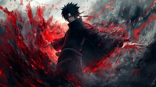 Crimson energy vortex engulfing dark-clad anime combatant.