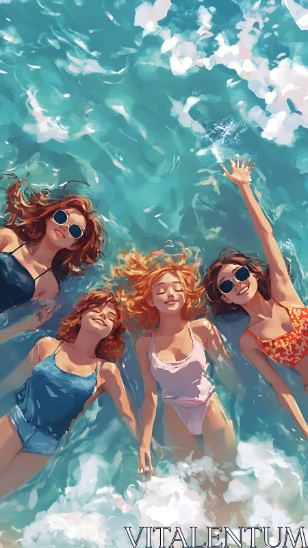 Summer friends floating in turquoise ocean waves joyfully.