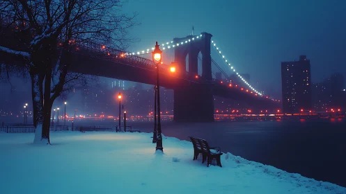 Snowy waterfront under illuminated suspension bridge at dusk.