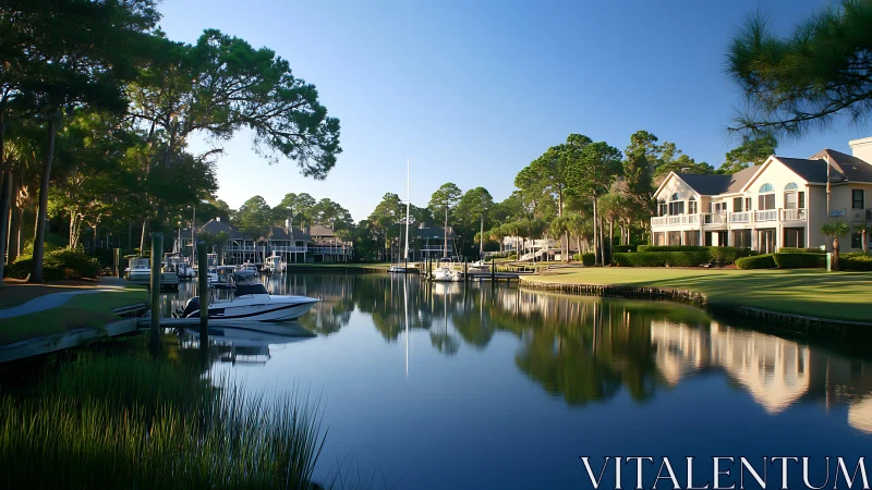 Waterfront marina villas with boats in calm reflective canal.