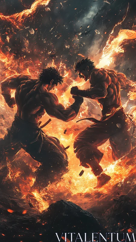 Two muscular fighters engage in close combat amid fire