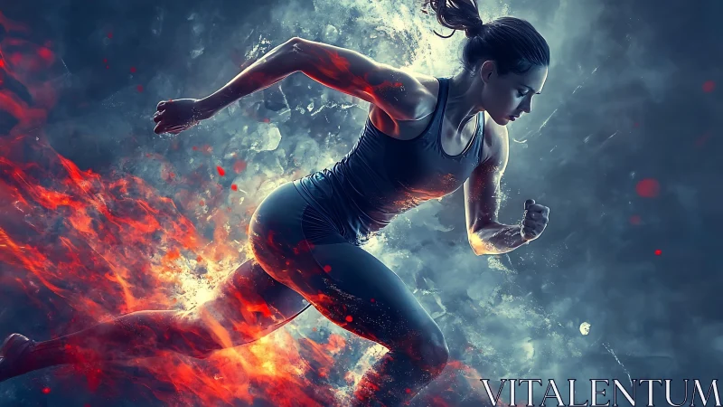 Digital painting of female sprinter in inferno-ice contrast field.
