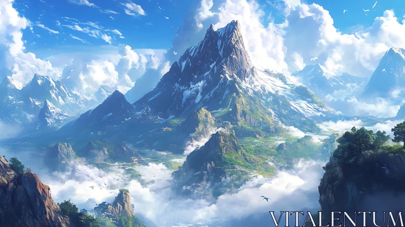 Cloud-kissed alpine kingdom beneath a towering crystal peak.