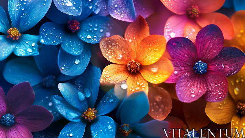 Composite flowers with water droplets across blue, orange, and magenta spectrum.