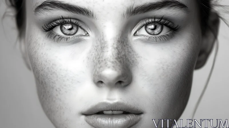 Close black and white portrait of freckled young woman.