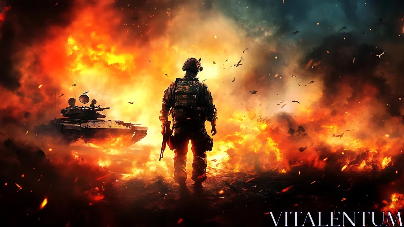 Lone soldier strides through inferno beside roaring tank.