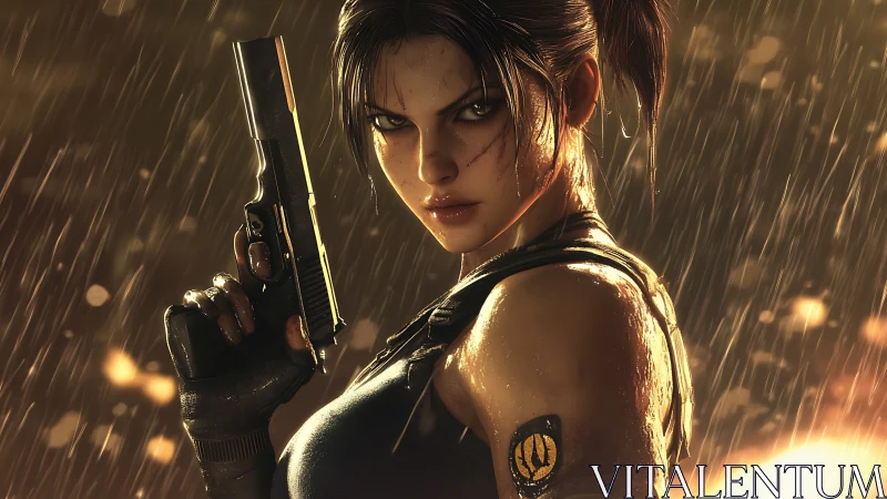 Female figure holds handgun in rain under directional backlight