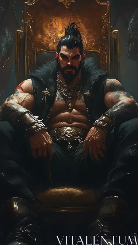 Muscular armored man seated on ornate golden throne in shadow.