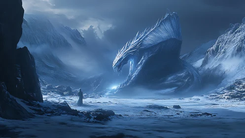 Frozen dragon bows in a quiet meeting with lone wanderer