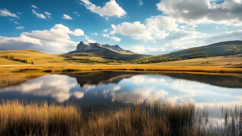 Golden plains mirror quiet mountains under drifting clouds.