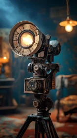 Vintage studio spotlight camera on tripod in moody workshop.
