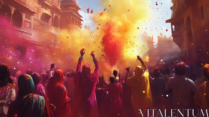 Street festival crowd under dense colored powder clouds.