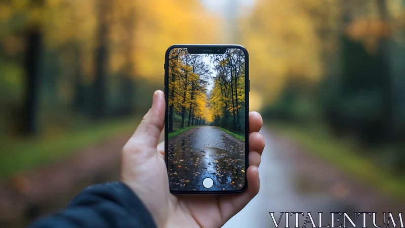 Phone-held forest path blending digital view and reality.