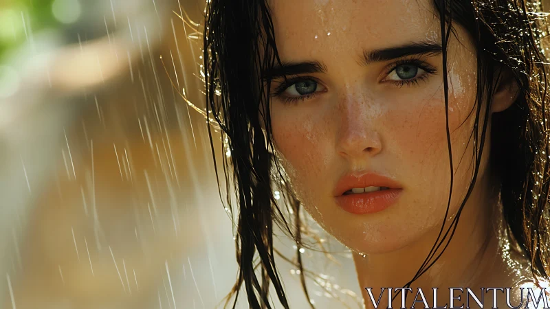 Rain-soaked woman&rsquo;s intense gaze captures fragile resilience