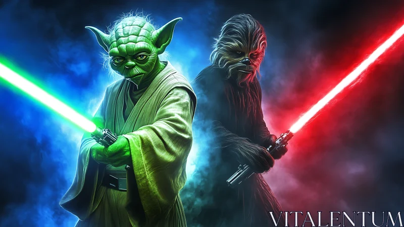 Legendary space duo poised in glowing lightsaber standoff.