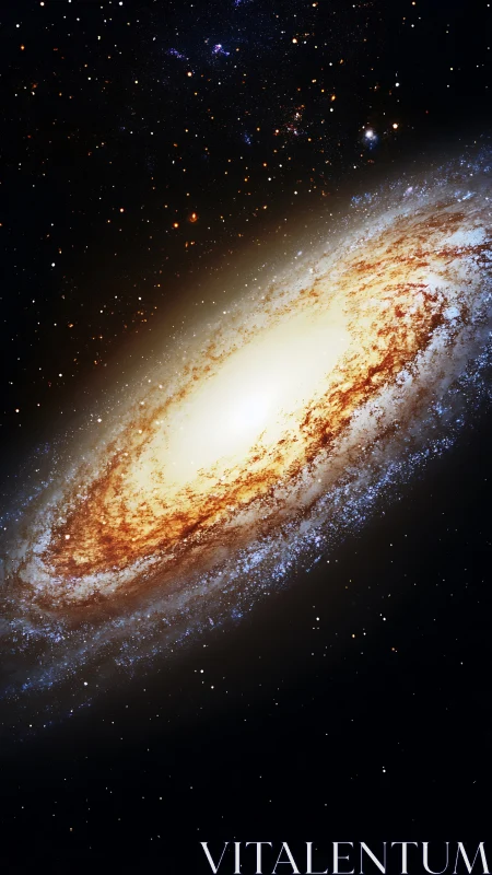 Edge-on spiral galaxy is shown with bright core and dust lanes