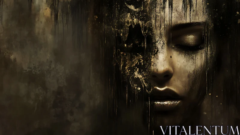 Shattered gilded visage in shadowed abstract decay.
