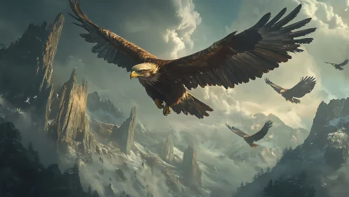 Majestic Eagles Soaring Over Dramatic Mountain Peaks, Digital Art.