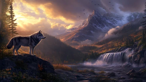 Wolf on rocky ledge overlooking mountain waterfall at dusk.