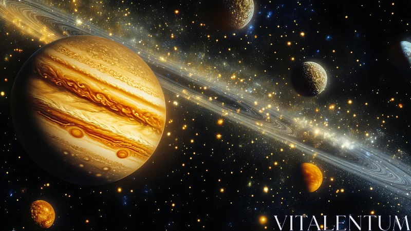 Gas giant with moons and dense starfield in space scene.