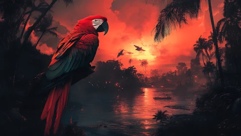 Scarlet macaw in high-contrast tropical river sunset atmosphere